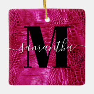Hot Pink Faux Leather Monogram Photo Ceramic Ornament