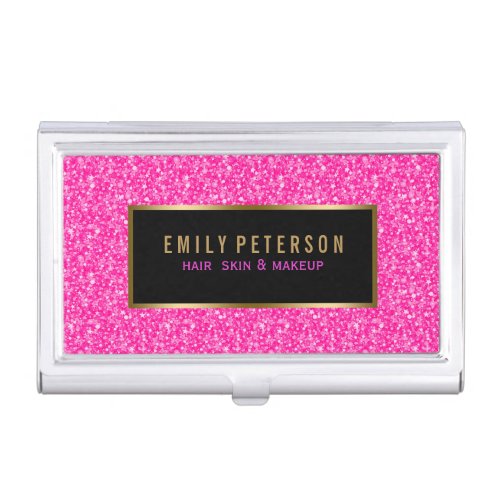 Hot Pink Fax Glitter With Black And Gold Accents Business Card Holder