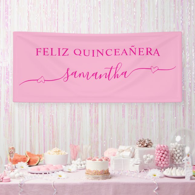 Hot Pink Feliz Quinceañera Heart Swash Name Banner (Party)