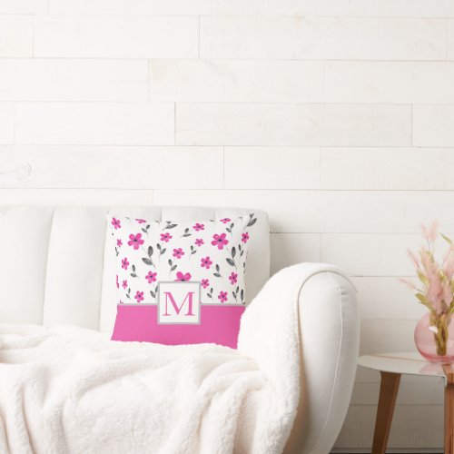 Hot Pink Five Petal Watercolor Flower Pattern Throw Pillow