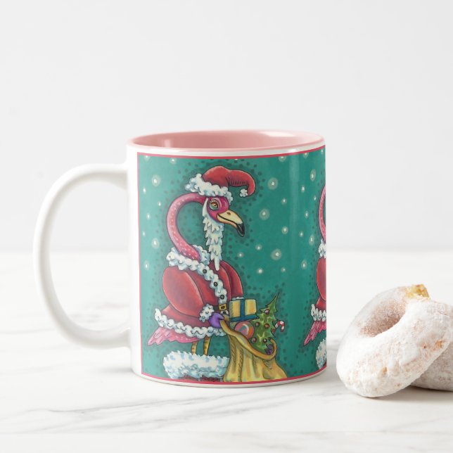 HOT PINK FLAMINGO IN FUNNY SANTA CLAUS SUIT MUG (With Donut)