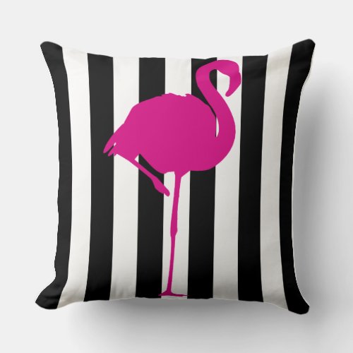 Hot Pink Flamingo on Black  White Stripes Throw Pillow