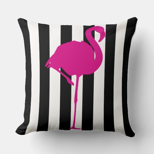 Hot Pink Flamingo on Black & White Stripes Throw Pillow (Front)