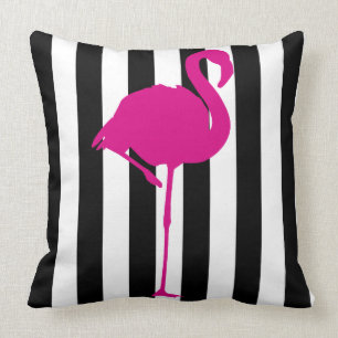 Hot Pink Flamingo on Black & White Stripes Throw Pillow