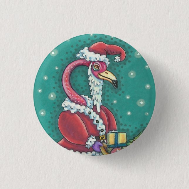 HOT PINK FLAMINGO SANTA, CHRISTMAS HOLIDAY BUTTON (Front)