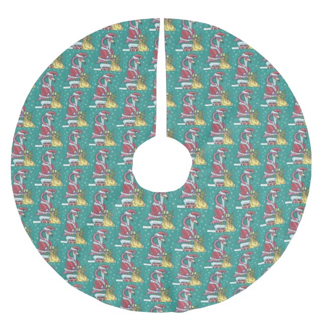 HOT PINK FLAMINGO SANTA, CHRISTMAS TREE SKIRT (Front)