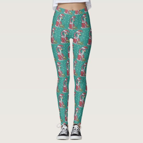 HOT PINK FLAMINGO SANTA CLAUS CHRISTMAS LEGGINGS