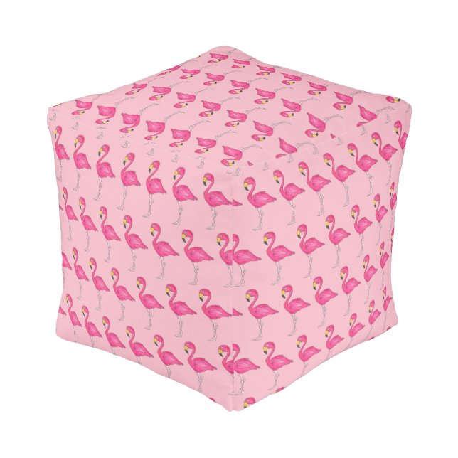 Hot Pink Flamingo Tropical Island Bird Print Pouf (Angled Back)