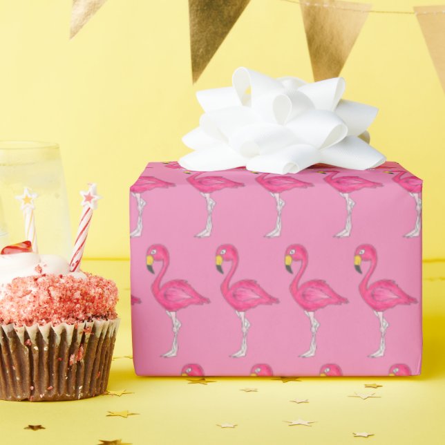 Hot Pink Flamingo Tropical Island Cartoon Bird Wrapping Paper (Birthday Party)