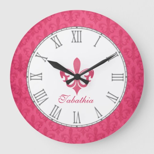 Hot pink fleur de lis damask name wall clock