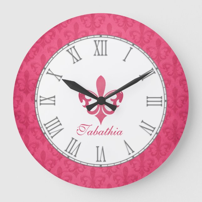 Hot pink fleur de lis damask name wall clock (Front)
