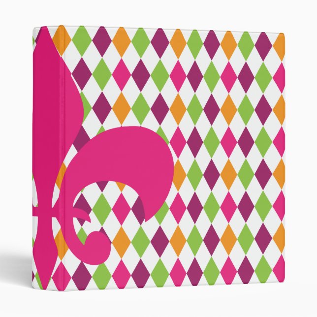 Hot Pink Fleur De Lis Diamond Pattern School 3 Ring Binder (Front/Spine)
