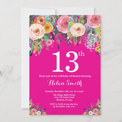 Hot Pink Floral 13th Birthday Invitation
