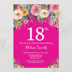 Hot Pink Floral 18th Birthday Invitation