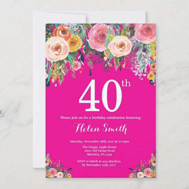 Hot Pink Floral 40th Birthday Invitation (Front)