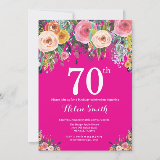 Hot Pink Floral 70th Birthday Invitation