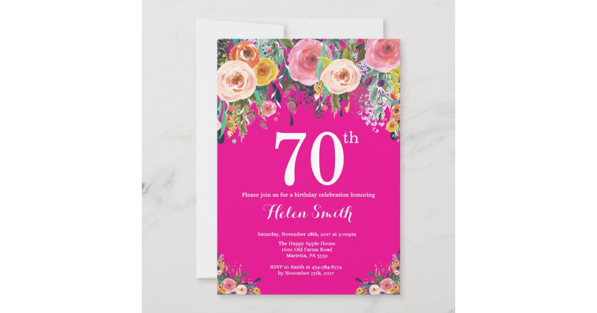 Hot Pink Floral 70th Birthday Invitation Zazzle