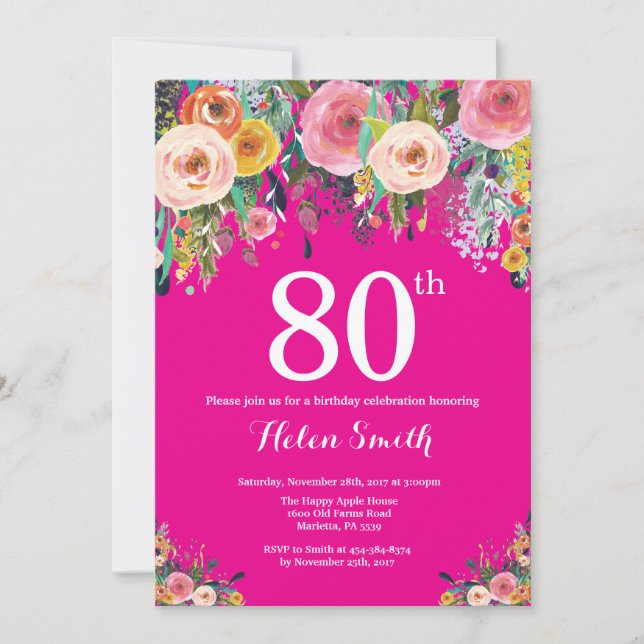 Hot Pink Floral 80th Birthday Invitation (Front)