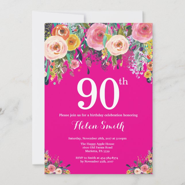 Hot Pink Floral 90th Birthday Invitation (Front)