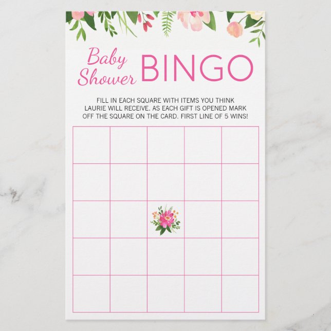 Hot Pink Floral Baby Shower Bingo Game Flyer (Front)
