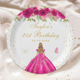 Hot Pink Floral Blonde Hair Girl Birthday Party Paper Plates