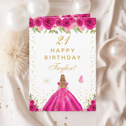 Hot Pink Floral Blonde Hair Girl Happy Birthday Card