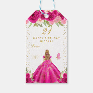 Hot Pink Floral Blonde Hair Girl Happy Birthday Gift Tags
