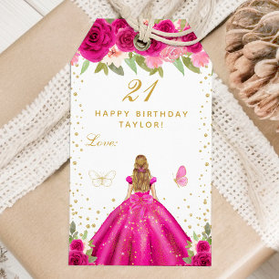 Hot Pink Floral Blonde Hair Girl Happy Birthday Gift Tags