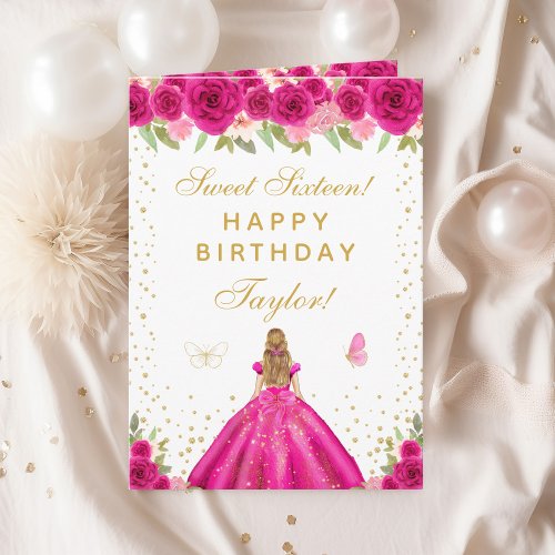 Hot Pink Floral Blonde Hair Girl Sweet Sixteen Card