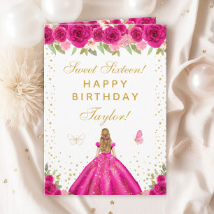 Hot Pink Floral Blonde Hair Girl Sweet Sixteen Card