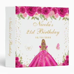 Hot Pink Floral Blonde Hair Princess Birthday  3 Ring Binder