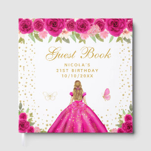 Hot Pink Floral Blonde Hair Princess Birthday Guest Book