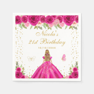 Hot Pink Floral Blonde Hair Princess Birthday  Napkins