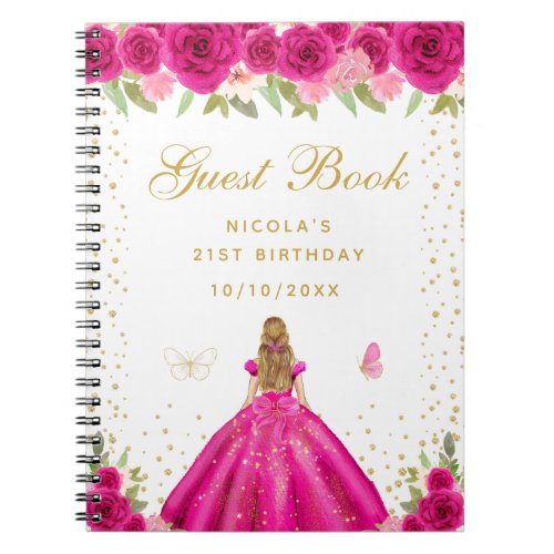 Hot Pink Floral Blonde Hair Princess Birthday  Notebook