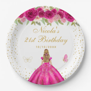 Hot Pink Floral Blonde Hair Princess Birthday  Paper Plates