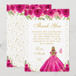 Hot Pink Floral Blonde Hair Princess Birthday Thank You Card