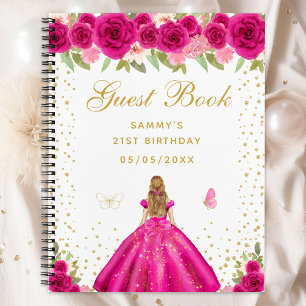 Hot Pink Floral Blonde Hair Princess Guest Book