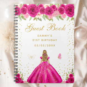 Hot Pink Floral Blonde Hair Princess Guest Book