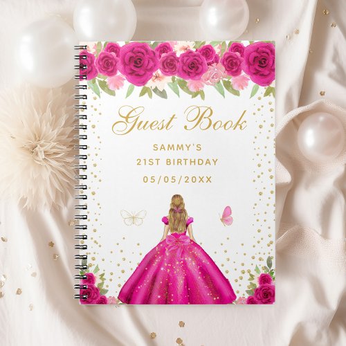 Hot Pink Floral Blonde Hair Princess Guest Book