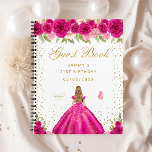 Hot Pink Floral Blonde Hair Princess Guest Book