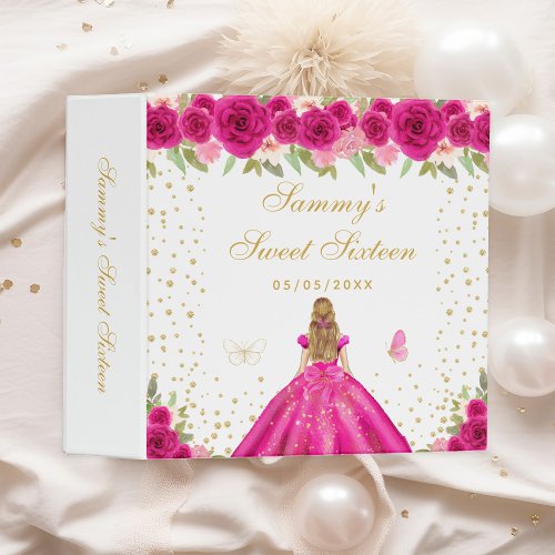 Hot Pink Floral Blonde Hair Princess Sweet Sixteen 3 Ring Binder