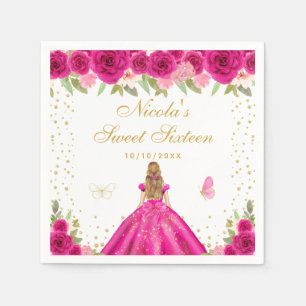 Hot Pink Floral Blonde Hair Princess Sweet Sixteen Napkins