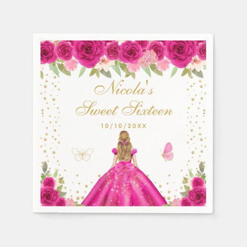 Hot Pink Floral Blonde Hair Princess Sweet Sixteen Napkins