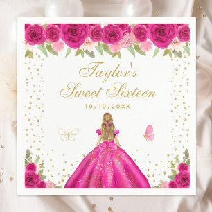 Hot Pink Floral Blonde Hair Princess Sweet Sixteen Napkins