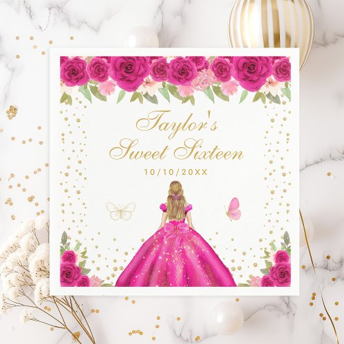 Hot Pink Floral Blonde Hair Princess Sweet Sixteen Napkins