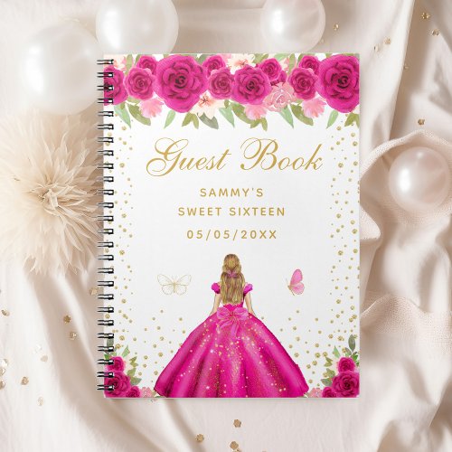 Hot Pink Floral Blonde Hair Princess Sweet Sixteen Notebook