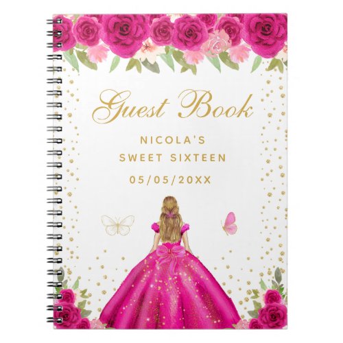 Hot Pink Floral Blonde Hair Princess Sweet Sixteen Notebook