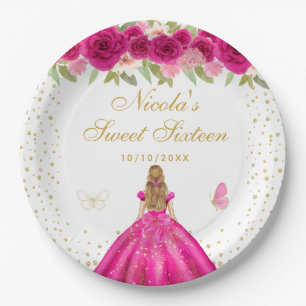 Hot Pink Floral Blonde Hair Princess Sweet Sixteen Paper Plates