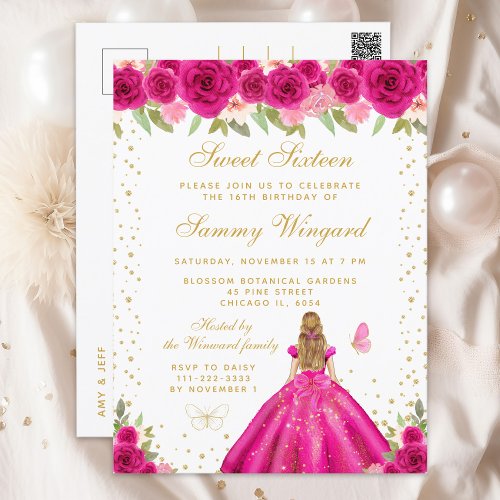 Hot Pink Floral Blonde Hair Princess Sweet Sixteen Postcard