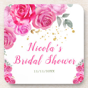 Hot Pink Floral Bridal Shower Beverage Coaster